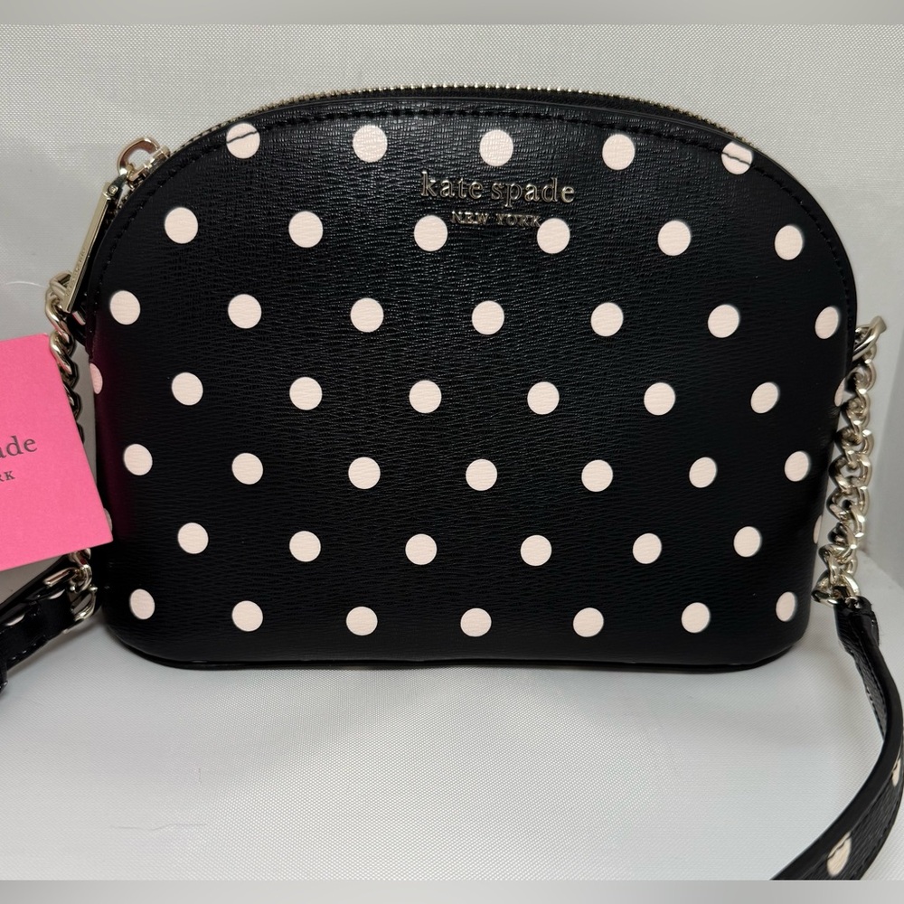 KATE SPADE $158 Retail Black with White Polka Dots Small Dome Crossbody